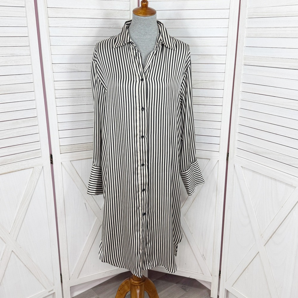 H&M Striped Satin Button Up Shirt Dress Midi Cream Black Small Long Sleeve
